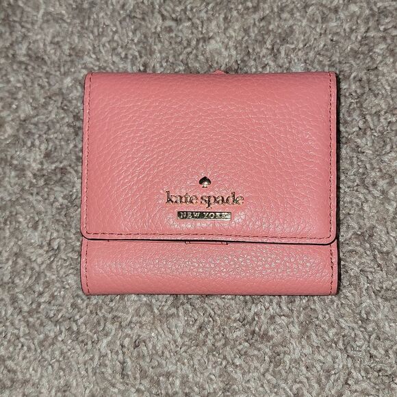 Kate Spade Pebbled Leather Trifold Coral Pink Salmon Wallet w Striped Lining - Picture 16 of 16